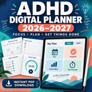 Può includere: Un pianificatore digitale ADHD per il 2026-2027 visualizzato su uno schermo di tablet con uno stilo. L'interfaccia presenta sezioni per pianificare, organizzare, monitorare le abitudini e un timer. Testo: "ADHD DIGITAL PLANNER 2026-2027".