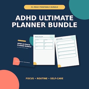Puede incluir: Un paquete de 31 páginas imprimibles ADHD Ultimate Planner Bundle con una portada azul oscuro y texto blanco, una página Weekly Overview con campos en blanco y una página Habit Tracker con cinco filas. Incluye acentos circulares coral y verde azulado.