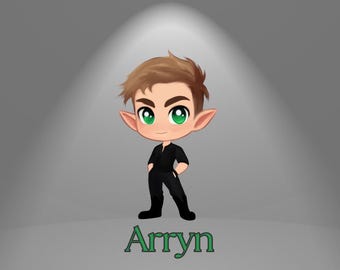 May include: A digital illustration of a cartoon elf character with brown hair, green eyes, and pointed ears, wearing a black outfit. The name "Arryn" is written in green script at the bottom. The background is a gradient gray with a spotlight effect.