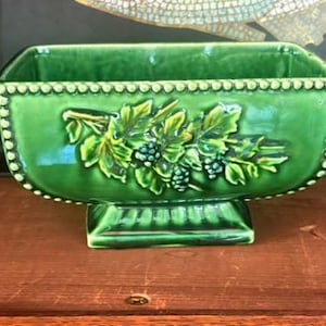 Vintage McCoy USA Green Grapevine Planter, Footed Rectangular Jardiniere