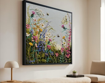 Impresión en lienzo de prado de flores silvestres – Arte floral colorido para pared – Decoración botánica para pared – Decoración natural para pared – Obra lista para colgar