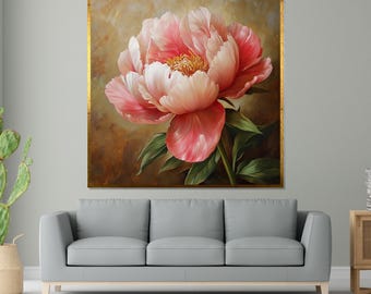 Lienzo de peonía ruborizada, arte floral para pared, estampado de flores rosas, decoración botánica para pared, diseño de arte en lienzo, decoración lista para colgar