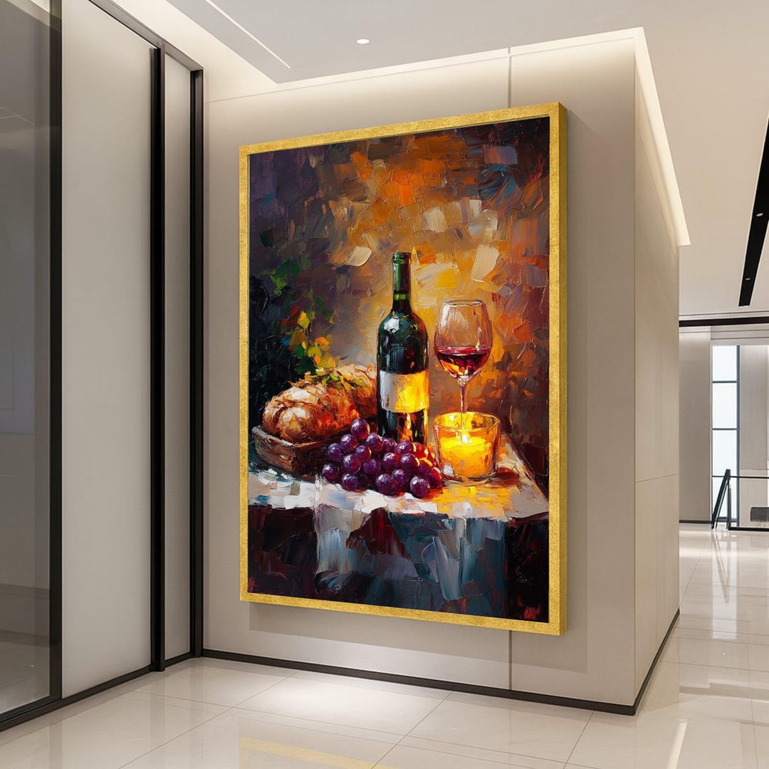 Cozy Wine and Bread Still Life Canvas, Candlelit Table Scene, Grapes ...