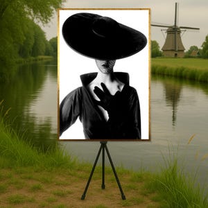 Elegant Femme, Black Hat Canvas, Mysterious Lady Art, Fashion Wall Art Canvas Design, Ready to Hang Decor, Modern Monochrome Art Poster