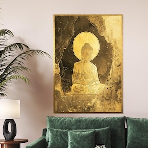 Golden Buddha Canvas Art, Meditative Buddha Wall Print, Spiritual Decor, Zen Canvas Design, Ready to Hang Meditation Inspiration