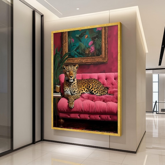 Leopard on Pink Sofa Canvas Print – Bold Jungle Wall Art – Elegant Animal Wall Decor – Ready to Hang Glam Canvas Decoration