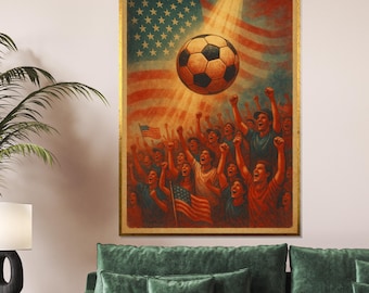 Puede incluir: Impresión enmarcada de estilo vintage que muestra un balón de fútbol sobre una multitud de aficionados vitoreando. La bandera estadounidense sirve de telón de fondo, con un foco de luz sobre el balón. Paleta de colores cálidos.