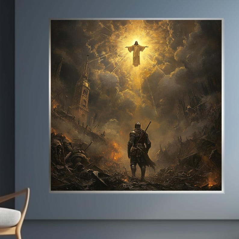 May include: A framed digital art print depicting a dramatic scene. A figure in shining light hovers above a war-torn landscape. A knight stands in the foreground, facing the figure. The artwork is dominated by dark, earthy tones with bright highlights.