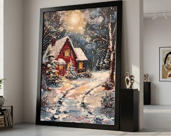 Cozy Winter Cabin Canvas, Snowy Night Landscape, Rustic Red House Wall Art, Winter Snow Scene Painting, Holiday Home Decor Ready To Hang,