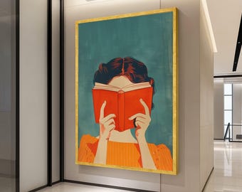Vintage Reading Woman Canvas, Retro Book Lover Wall Art, Abstract Portrait Canvas, Cozy Home Decoration, Modern Literature Ready To Hang,