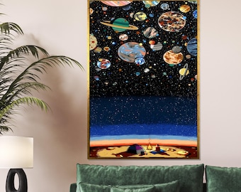 Campamento nocturno estrellado, lienzo de planetas, arte de pared de galaxia, impresión espacial cósmica, acampada bajo las estrellas, diseño de lienzo de arte de pared, listo para colgar