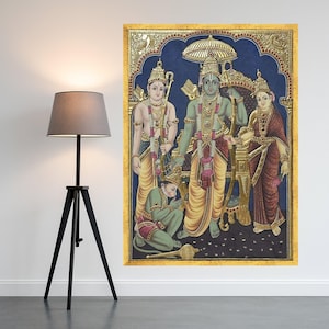 Impressão em tela estilo Tanjore Ram Darbar – Arte de parede hindu, decoração de parede, tela religiosa pronta para pendurar, decoração de parede tradicional indiana imagem 2