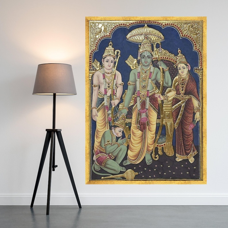 Impressão em tela estilo Tanjore Ram Darbar – Arte de parede hindu, decoração de parede, tela religiosa pronta para pendurar, decoração de parede tradicional indiana imagem 2