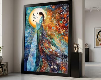 Ethereal Woman with Radiant Moon, Abstract Colorful Flowing Dress Canvas, Bohemian Spiritual Wall Art, Dreamy Female Figure, Ready To Hang,