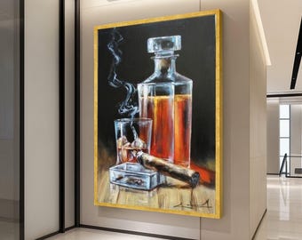 Whiskey and Cigar Still Life Canvas, Classic Bar Scene Wall Art, Vintage Liquor Glass Painting, Home Bar Decor Canvas, Ready To Hang,