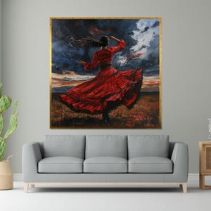 Flamenco Dancer in Red Canvas, Spanish Dance Art, Sunset Dance Print, Wall Art Canvas Design, Ready to Hang Decoration
