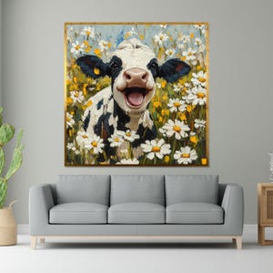 Cheerful Cow in Daisies Canvas, Animal Wall Art, Happy Cow Poster, Nature Wall Art, Canvas Design, Ready to Hang Decoration