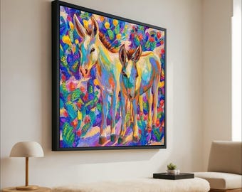 Kleurrijk ezelpaar canvas, levendige dieren muurkunst, moderne boerderij decor, heldere natuur schilderij, klaar om op te hangen canvas klaar om op te hangen,