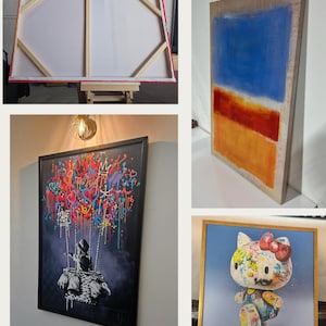 May include: An assortment of framed art pieces, including abstract color block paintings and a graffiti-style artwork featuring a child on a swing. The image also shows the back of a stretched canvas and a pop art style Hello Kitty.