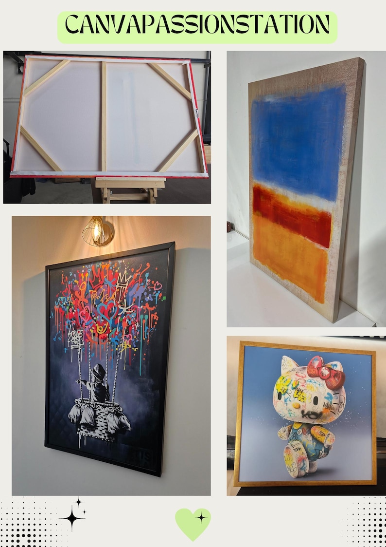 May include: An assortment of framed art pieces, including abstract color block paintings and a graffiti-style artwork featuring a child on a swing. The image also shows the back of a stretched canvas and a pop art style Hello Kitty.
