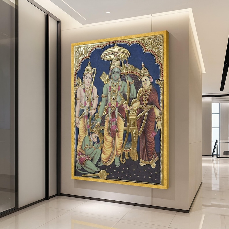 Impressão em tela estilo Tanjore Ram Darbar – Arte de parede hindu, decoração de parede, tela religiosa pronta para pendurar, decoração de parede tradicional indiana imagem 1