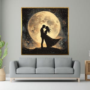 Moonlit Romance Canvas, Silhouette Couple Art, Romantic Wall Print, Starry Night Decor, Wall Art Canvas Design, Ready To Hang Decoration