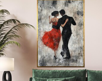 May include: A painting of a couple dancing. The woman is wearing a red dress and the man is wearing a black suit. The background is a textured gray and white.