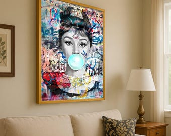 Retro Pop Art Portrait Canvas, Audrey Hepburn Bubblegum Graffiti Wall Art, Modern Urban Canvas Decoration, Street Art Style Ready To Hang,