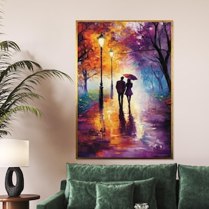 Romantic Stroll Canvas, Couple with Umbrella Wall Art, Love Painting, Colorful Cityscape, Wall Art Canvas Design, Framed Art Decor