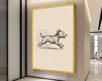 Laufender Hund Skizze Leinwanddruck - Minimalistische Haustier Wandkunst, Schwarz-Weiße Tier Wanddekoration, fertig zum Aufhängen