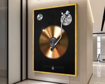 Décoration murale en toile pour tourne-disque vinyle doré, décoration musicale rétro, illustration de platine DJ, décoration murale moderne pour maison, musique prête à accrocher