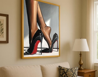 Elegant Black Red Sole Heels with Bare Feet Canvas, Fashion Wall Art, Stylish Footwear Painting, Modern Home Decor, Ready to Ready To Hang,