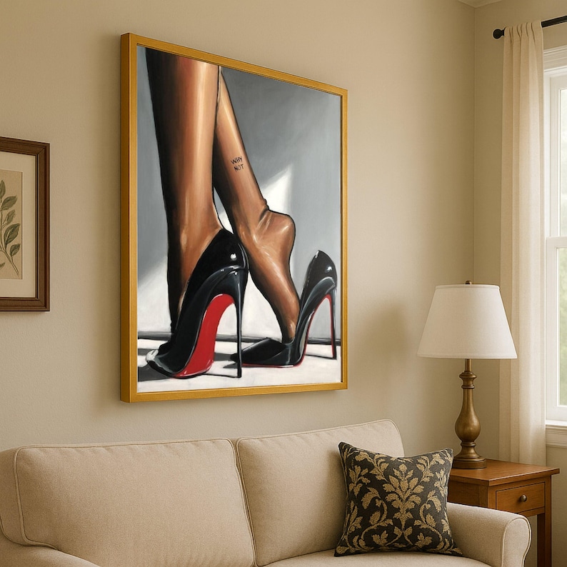 Elegant Black Red Sole Heels with Bare Feet Canvas, Fashion Wall Art, Stylish Footwear Painting, Modern Home Decor, Ready to Ready To Hang, image 1