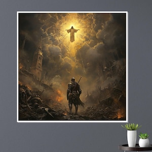 May include: A framed digital art print depicting a warrior in armor standing in a war-torn landscape, looking up at a figure in a radiant light. The artwork features a dark, dramatic color palette with a focus on the contrast between light and shadow.