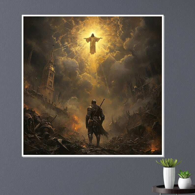 May include: A framed digital art print depicting a warrior in armor standing in a war-torn landscape, looking up at a figure in a radiant light. The artwork features a dark, dramatic color palette with a focus on the contrast between light and shadow.