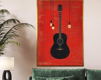 Guitar Silhouette Canvas, Music Wall Art, Red Background Poster, Musical Instrument Canvas Design, Ready to Hang Home Decor
