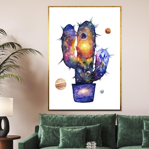 Galaxy Saguaro Leinwand, Kosmische Kaktus Wandkunst, Universum Poster, Wand Kunst Leinwanddesign, fertig zum Aufhängen als Weltraumdekoration