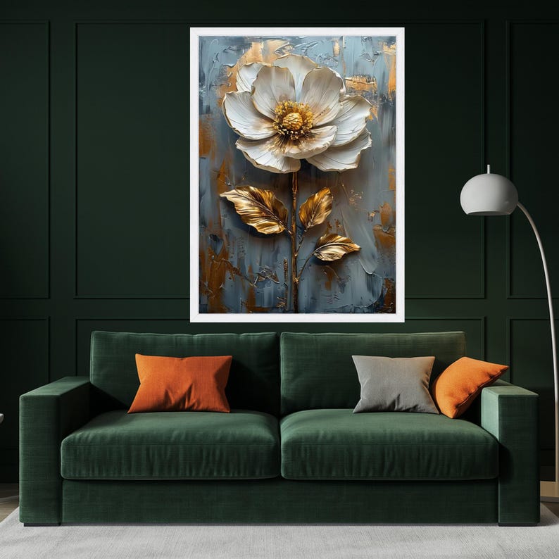 Elegant White and Gold Flower Canvas Wall Art, Floral Painting ...