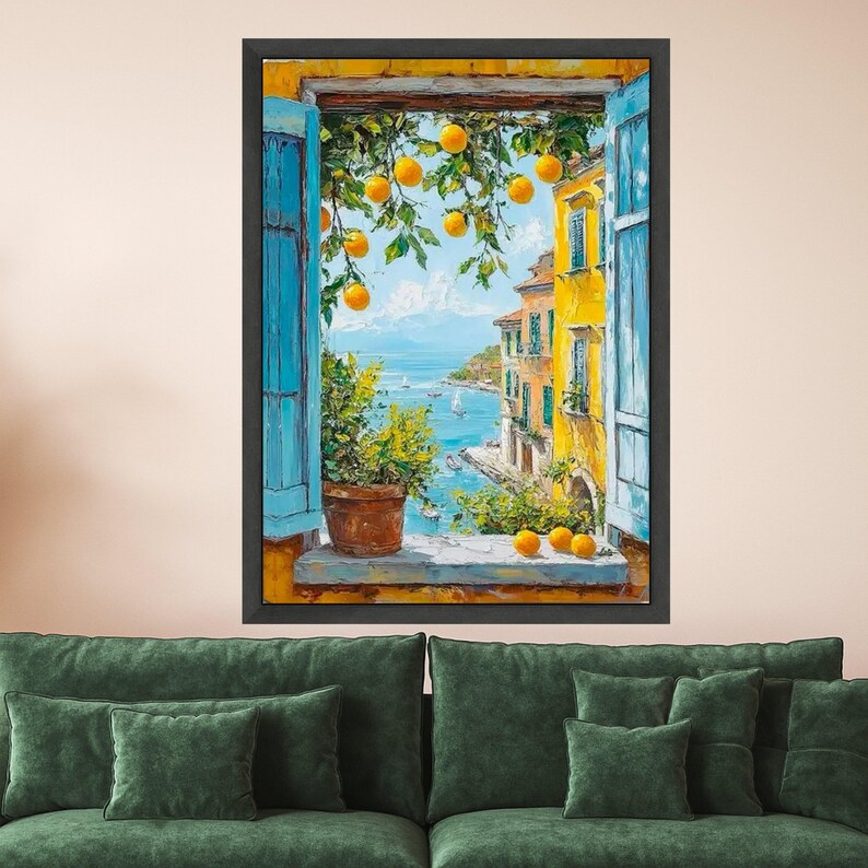 Mediterranean Window View Canvas Print – Orange Tree Wall Art, Coastal ...