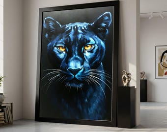Kühner schwarzer Panther Leinwand Wandkunst, wilde Dschungel-Katzenmalerei, Wildtier-Gesicht Nahaufnahme, modernes Tierwanddekor, fertig zum Aufhängen,
