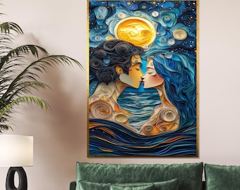 Lienzo de amantes a la luz de la luna, arte romántico nocturno, arte de pared de pareja, impresión de amor peculiar, decoración romántica oceánica, diseño de lienzo de arte de pared, listo para colgar