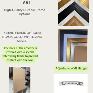 May include: Image showcasing frame options with the text "CANVAPASSIONSTATION." The image highlights various frame styles in black, gold, white, and silver. It also features an adjustable wall hanger and details about the artwork's back.