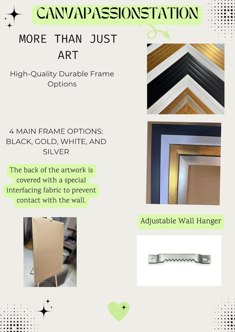 May include: Image showcasing frame options with the text "CANVAPASSIONSTATION." The image highlights various frame styles in black, gold, white, and silver. It also features an adjustable wall hanger and details about the artwork's back.
