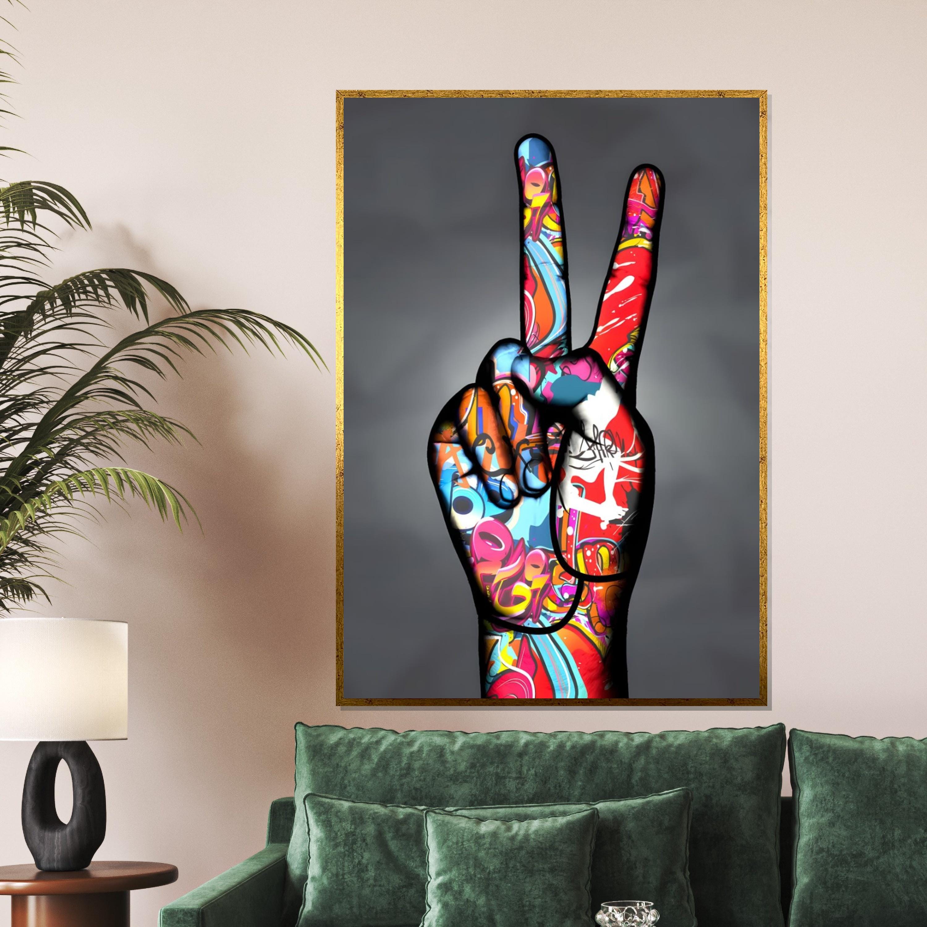 Graffiti Peace Hand Canvas, Vibrant Peace Sign Art, Colorful Wall