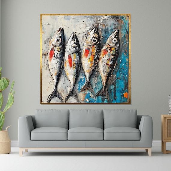 カラフルな魚のキャンバス 抽象的な魚の壁アート 沿岸の魚の絵画 鮮やかな魚の装飾 壁アートキャンバスデザイン すぐに飾れる装飾 - 日本