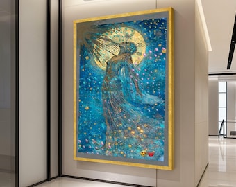Celestial Goddess Canvas Print – Mystical Moonlight Wall Art – Dreamy Blue Wall Decor – Ready to Hang Spiritual Painting