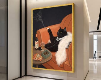 Elegant Black Cat Canvas Print – Glamorous Cat Wall Art, Wall Decor, Ready to Hang Wall Decoration