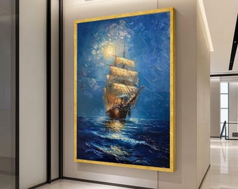 Majestic Sailing Ship Canvas, Moonlit Ocean Scene, Nautical Wall Art, Vintage Sailboat Painting, Maritime Home Decor, Canvas Ready To Hang,