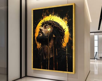 Könnte beinhalten: Ein gerahmtes Kunstwerk, das einen Mann mit Bart und Dornenkrone vor einem goldenen Heiligenschein und dunklem Hintergrund zeigt. Das Kunstwerk hat einen goldenen Rahmen und goldene Akzente.