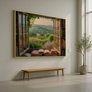 May include: A framed artwork depicts an open window with a view of a lush garden and rolling hills. The window frame is gold, and the artwork includes books and an open book. A wooden bench sits below the artwork.